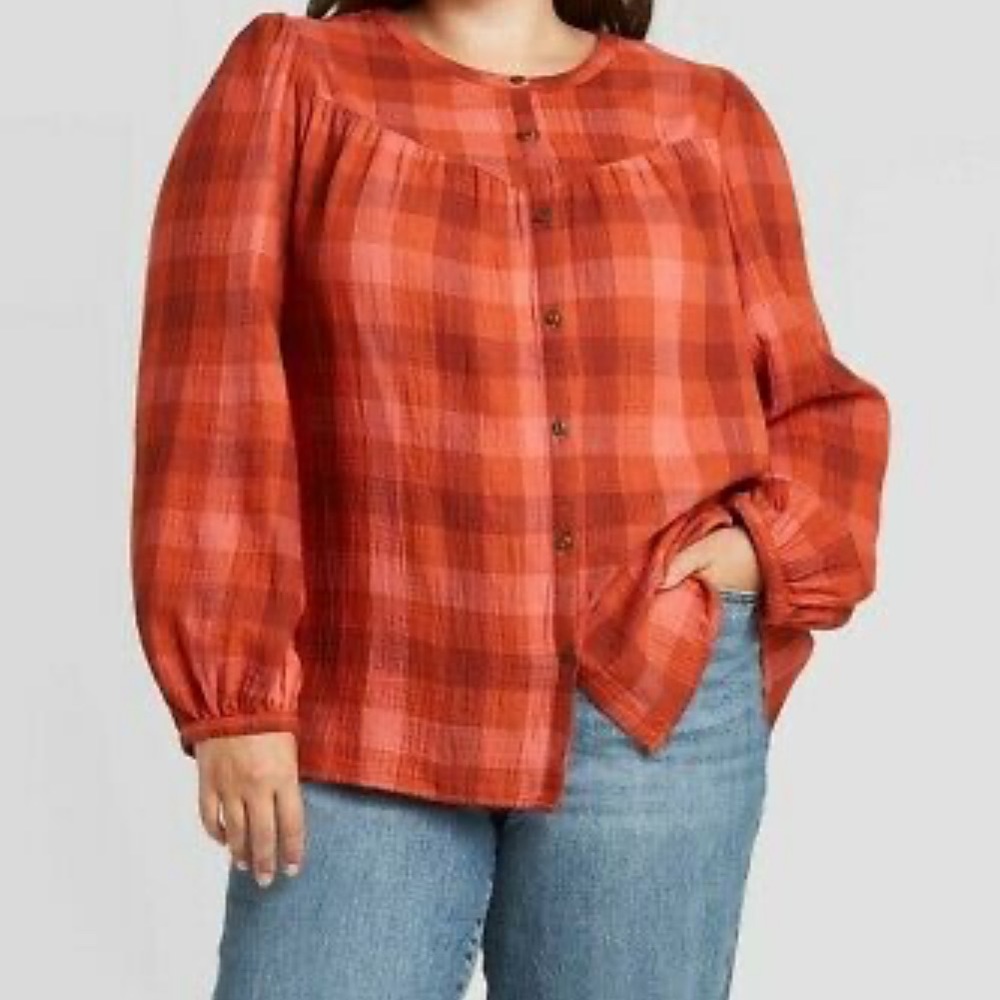 Universal Thread  Size Medium Plaid Puff Long Sleeve Button-Front Top- Rusty Red